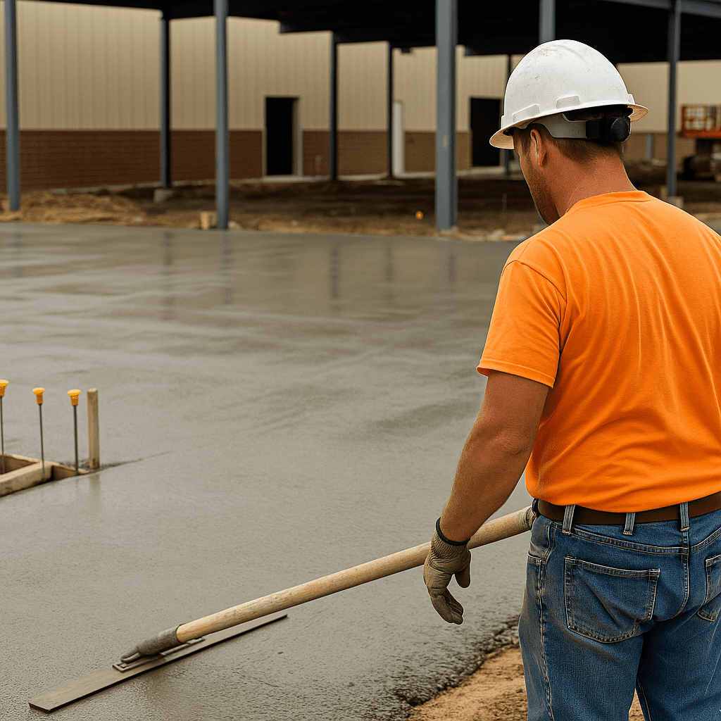 Construction crew pouring and leveling commercial concrete on a large jobsite using industrial finishing tools and forms