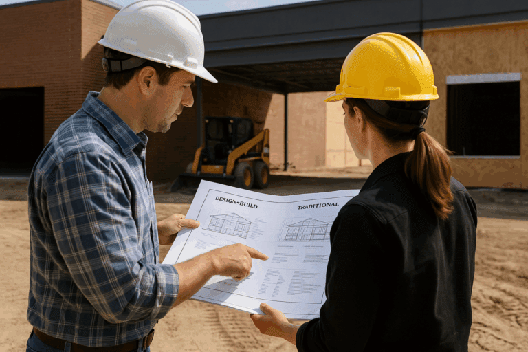 Two construction professionals reviewing commercial building plans and schedules on a jobsite, comparing design-build and traditional contracting workflows.