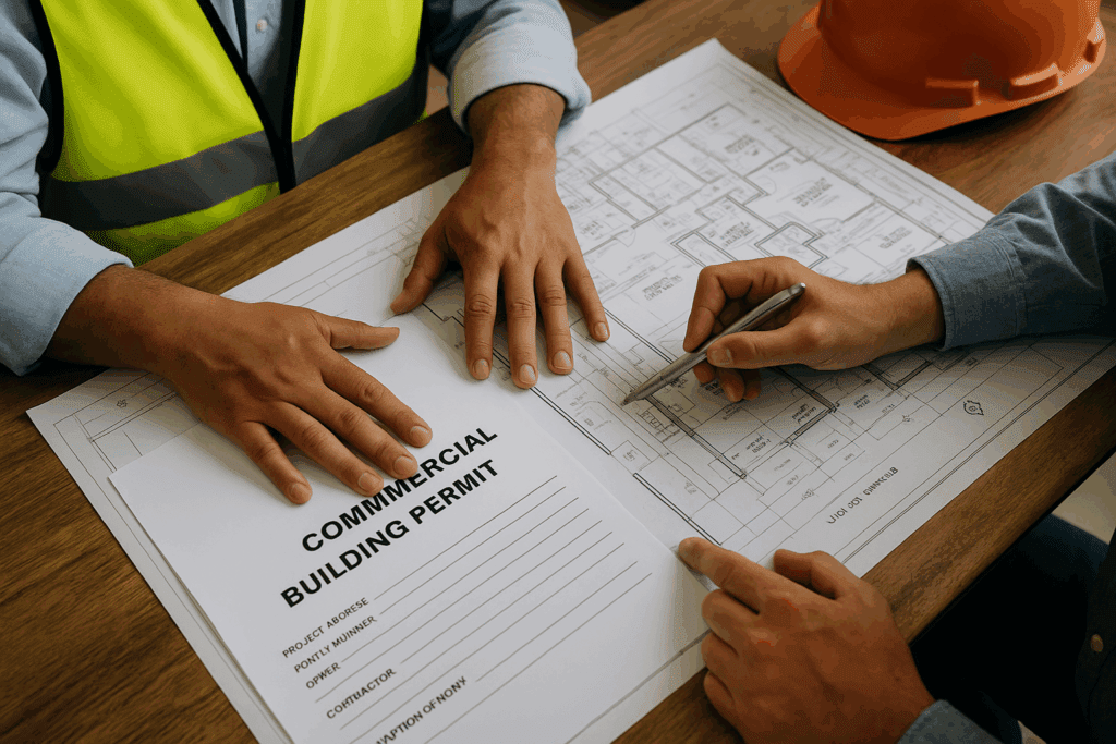 Two construction professionals reviewing detailed commercial building blueprints on a jobsite in Rapid City, South Dakota.
