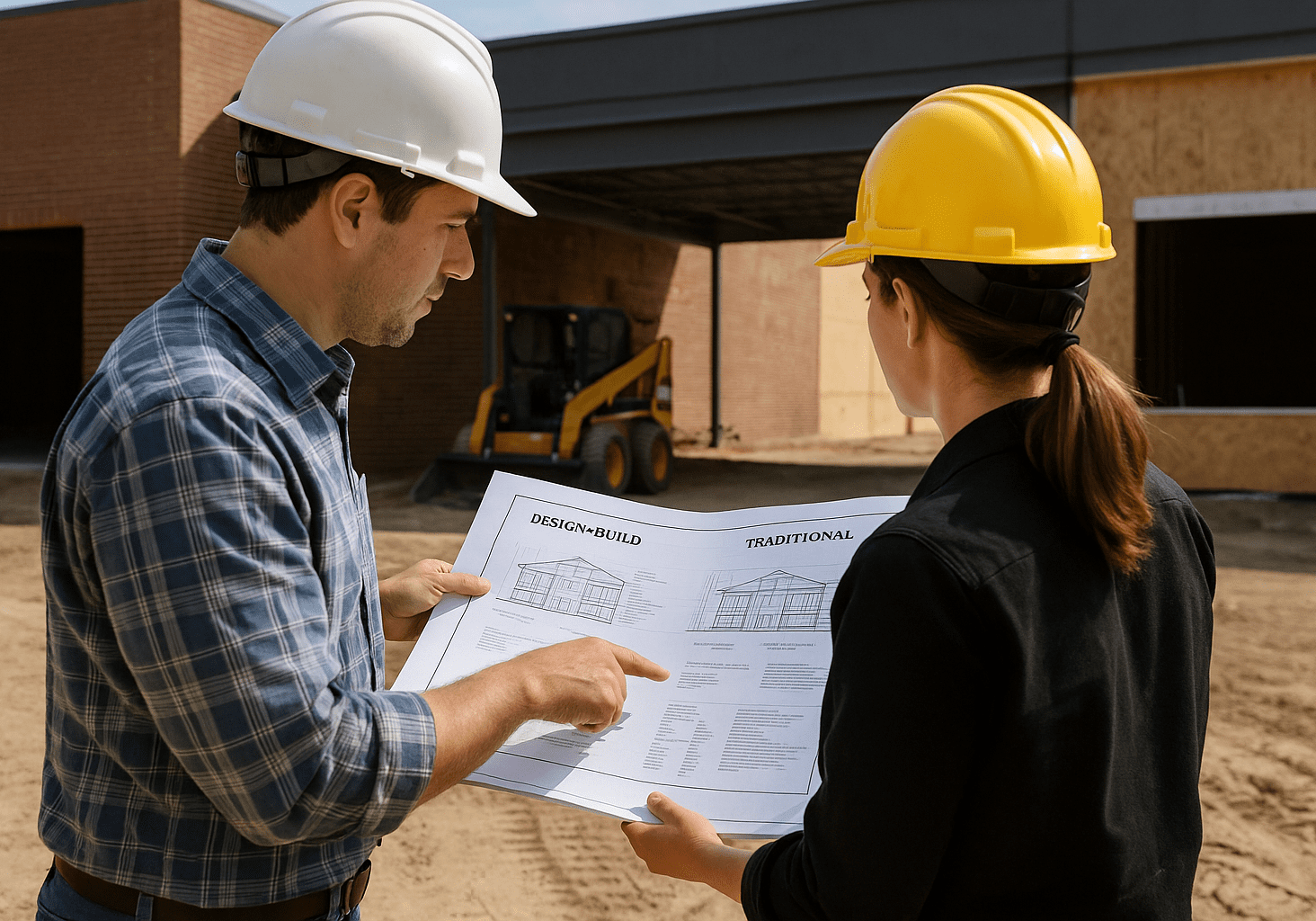 Two construction professionals reviewing commercial building plans and schedules on a jobsite, comparing design-build and traditional contracting workflows.
